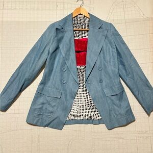 New York & C Eva Mendes Lyocell Blazer Size M Blue Notched Lapel Lips Dot Lining